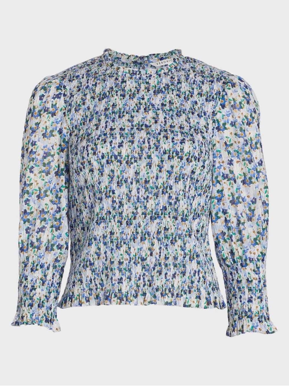 Veronica Beard Blue Floral Smocked Puff-Sleeve Blouse